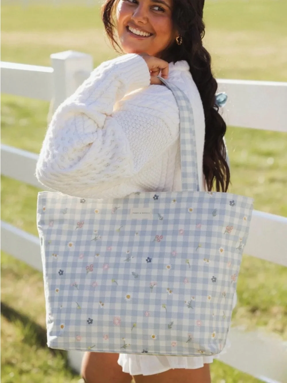 Poppy & Peonies Blue Gingham Tote - Picture 4 of 6